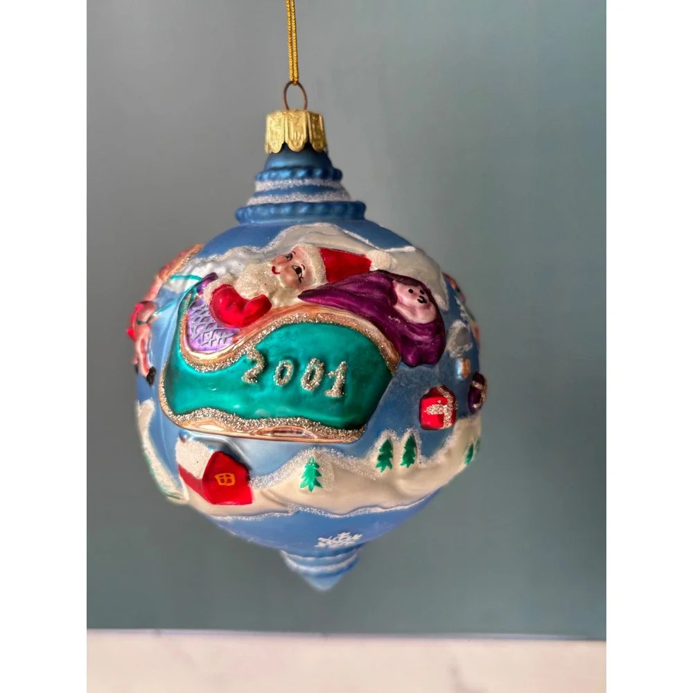 Santa's Best 2001 Dated Glass Christmas Ornament Santa Sleigh Reindeer Blue
